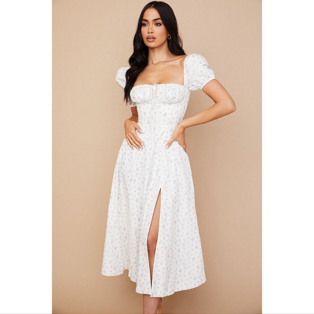 HOUSE OF CB 'Tallulah' White Floral Puff Sleeve Midi Dress NWOT - Picture 4 of 14